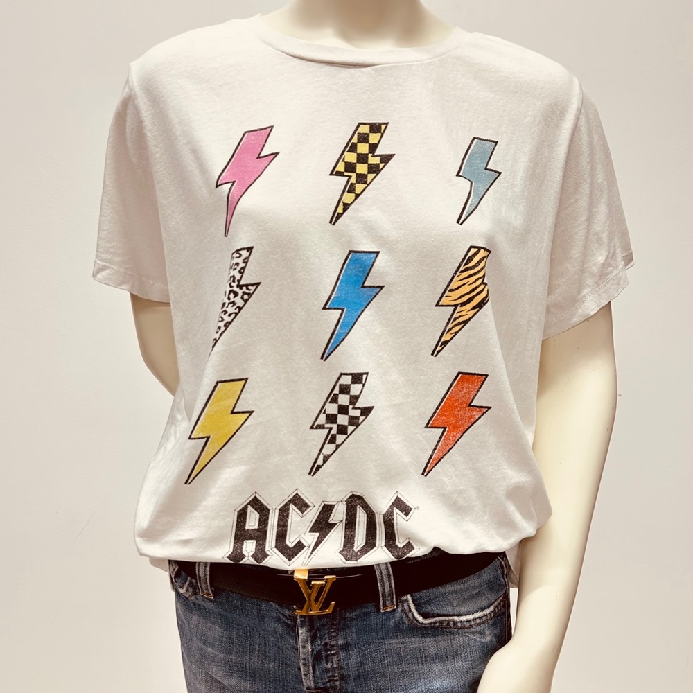 AC/DC Graphic Tee. White Short Sleeve Tee with Lightning Bolt Design